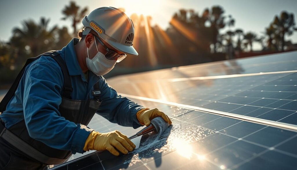 Generate an image of SunPower Solar Cleaning's technicians inspecting solar panels.