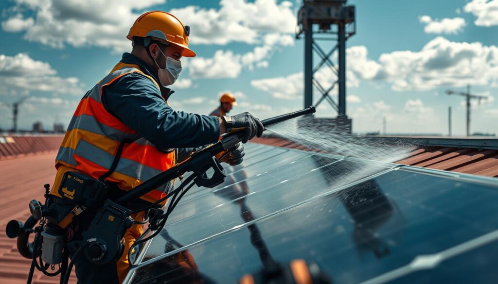 Generate an image of SunPro Cleaning Services' technicians using specialized equipment to clean hard-to-reach solar panels.