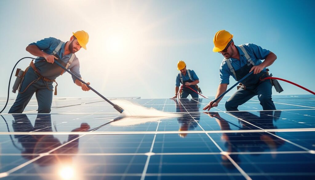Generate an image of SunPro Solar Cleaning technicians cleaning solar panels.