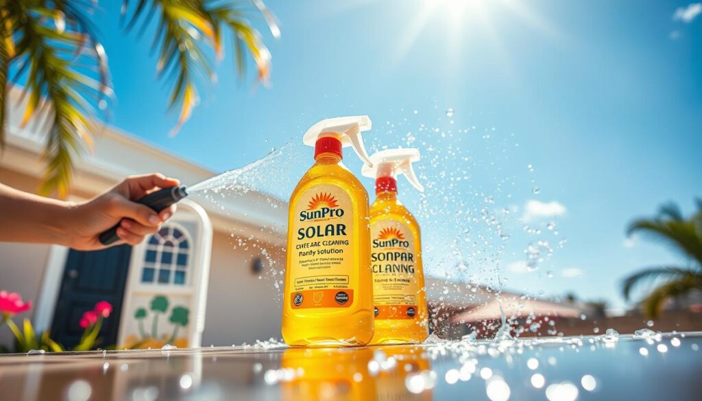 Generate an image of SunPro Solar Cleaning's eco-friendly cleaning solutions in use.