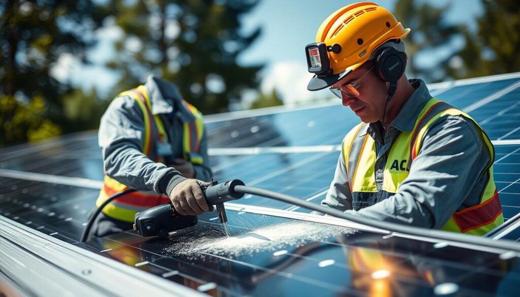 Generate an image of Sunshine Cleaners NC technicians performing solar panel cleaning with advanced equipment.