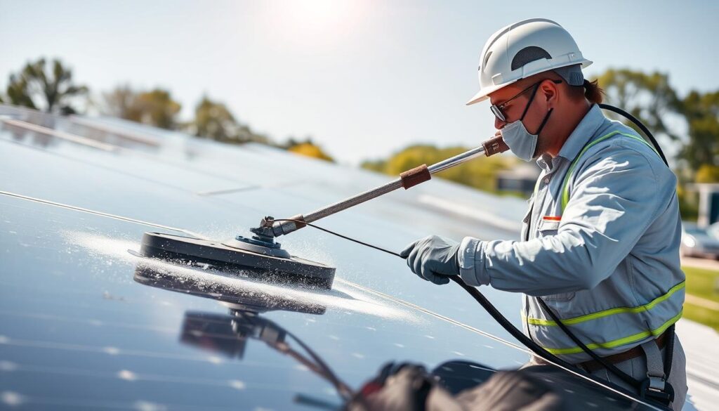 Generate an image of Sunshine Cleaners Ohio technicians using specialized equipment to clean solar panels.
