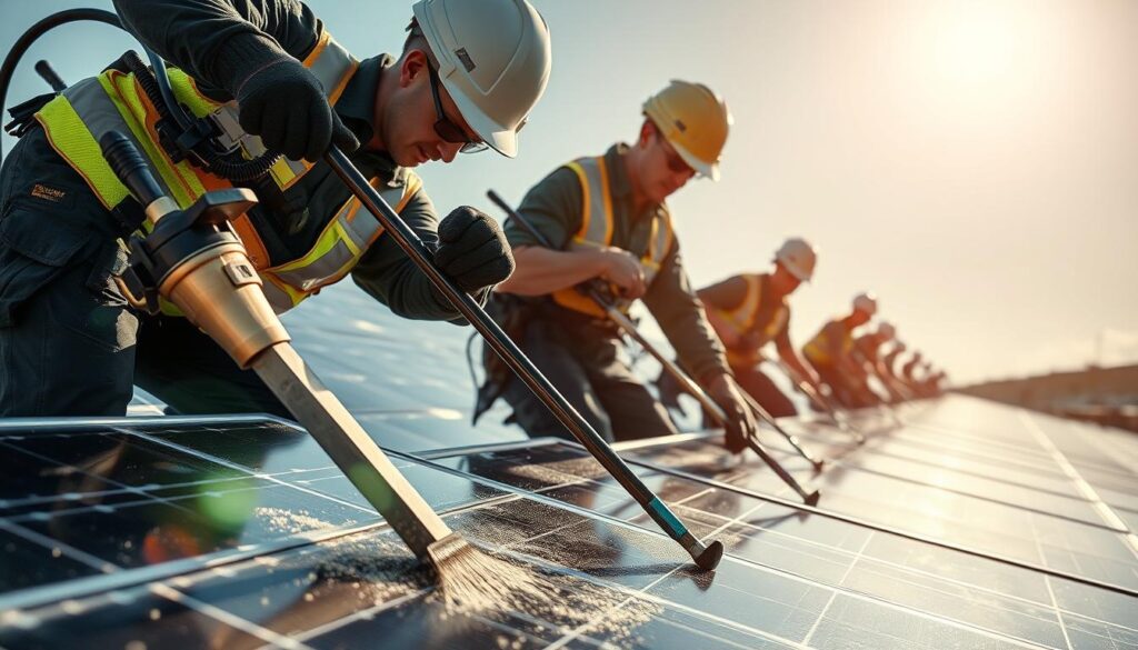 Generate an image of TFS Solar Panel Cleaning's equipment and team.