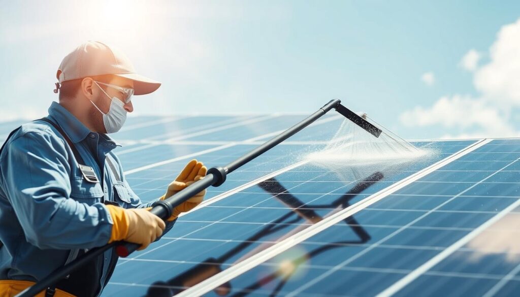 Generate an image of T&S Window Screen Repair and Window Cleaning technicians using their specialized equipment to clean solar panels.