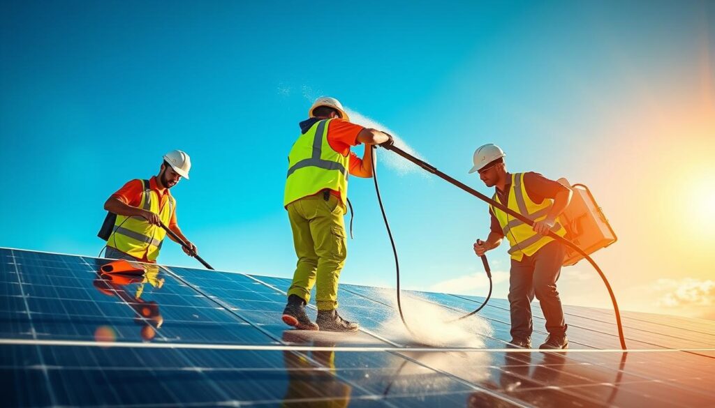 Generate an image of The Better Cleaner's equipment and team cleaning solar panels.