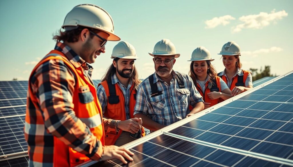 Generate an image of The Captain Solar Solutions team inspecting solar panels.