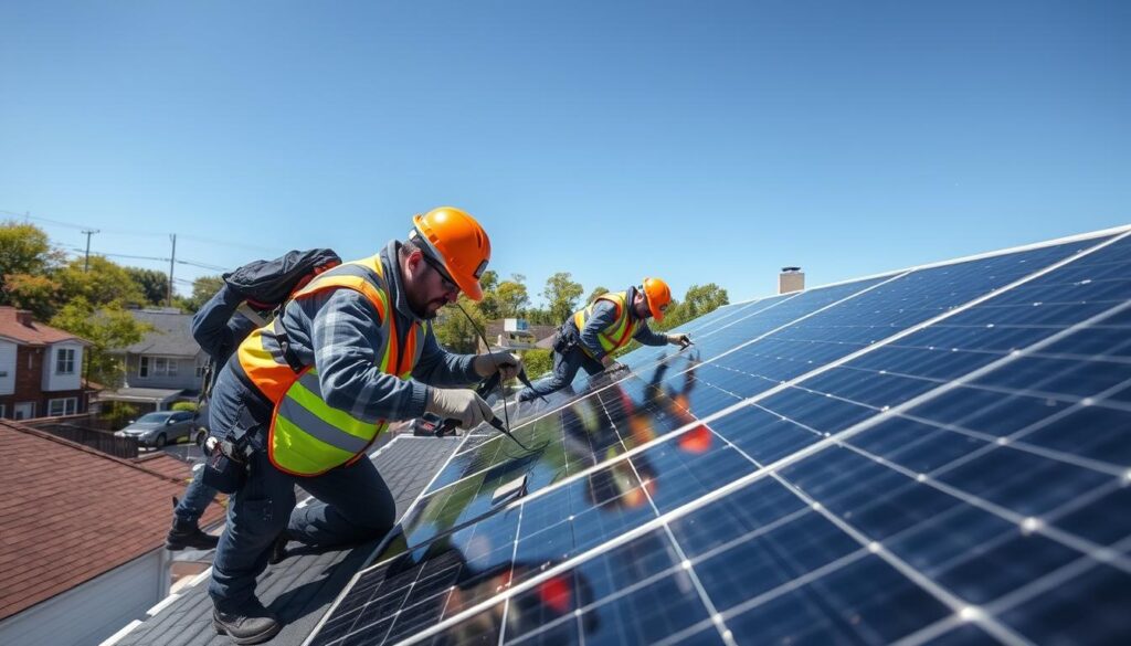 Generate an image of Venture Solar's technicians cleaning solar panels on a residential roof in Yonkers.