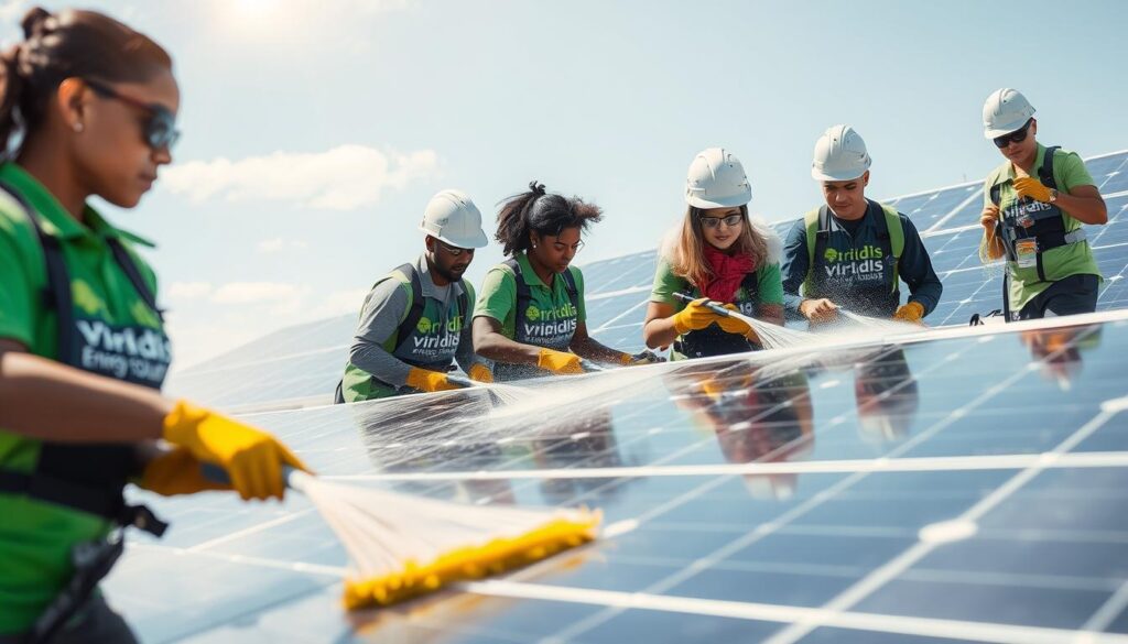 Generate an image of Viridis Energy Solutions' team cleaning solar panels with eco-friendly equipment.