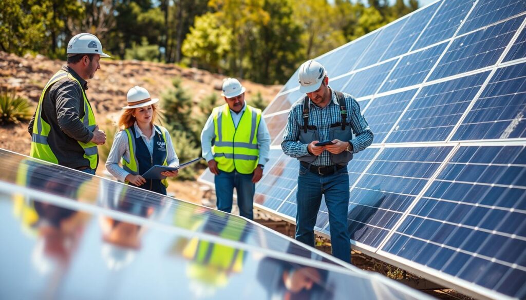 Generate an image of Viridis Energy Solutions' team inspecting solar panels.