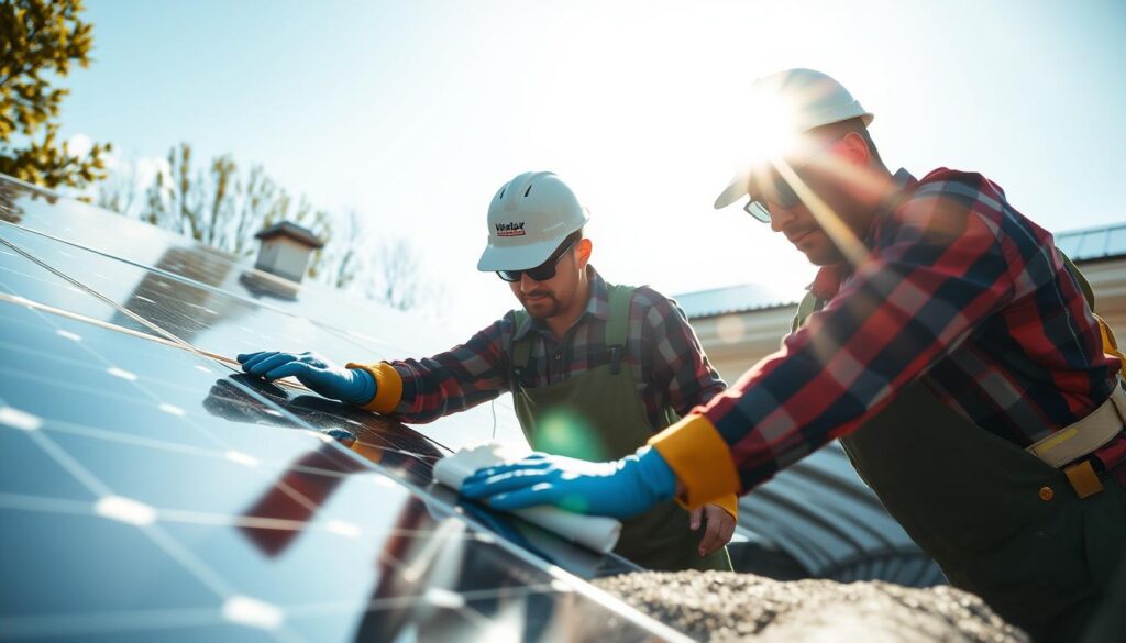 Generate an image of Westchester Solar Solutions technicians inspecting and cleaning solar panels.