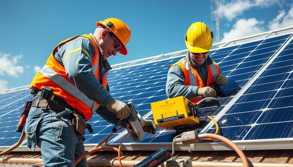Generate an image of Wilmington Solar Solutions technicians at work on a commercial solar panel installation.