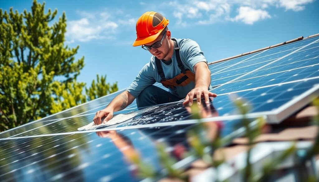 Generate an image of Yancey Home Improvements' technician cleaning solar panels on a Sacramento home.