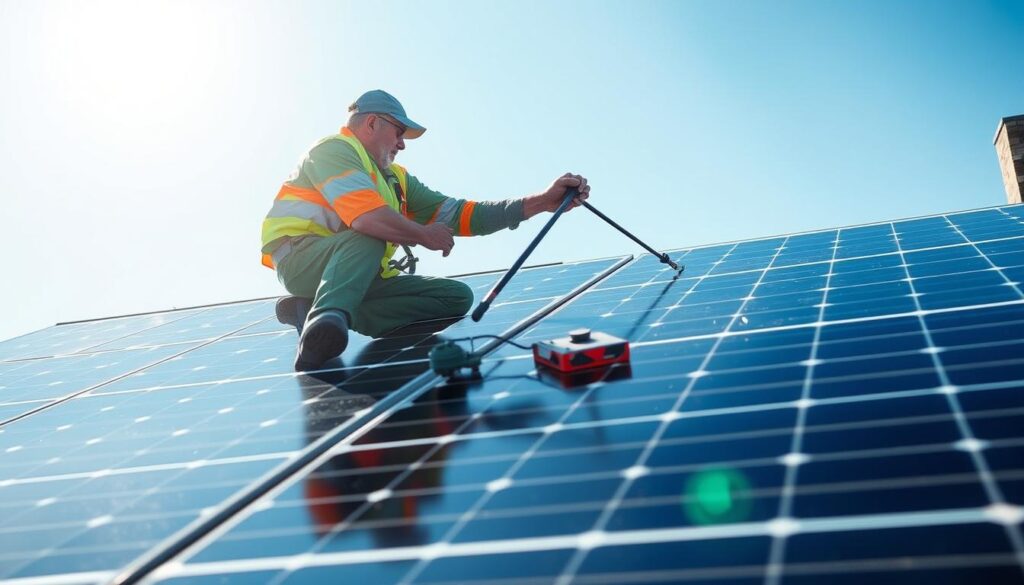 Generate an image of a Boston Solar Panel Services technician cleaning solar panels on a residential home.