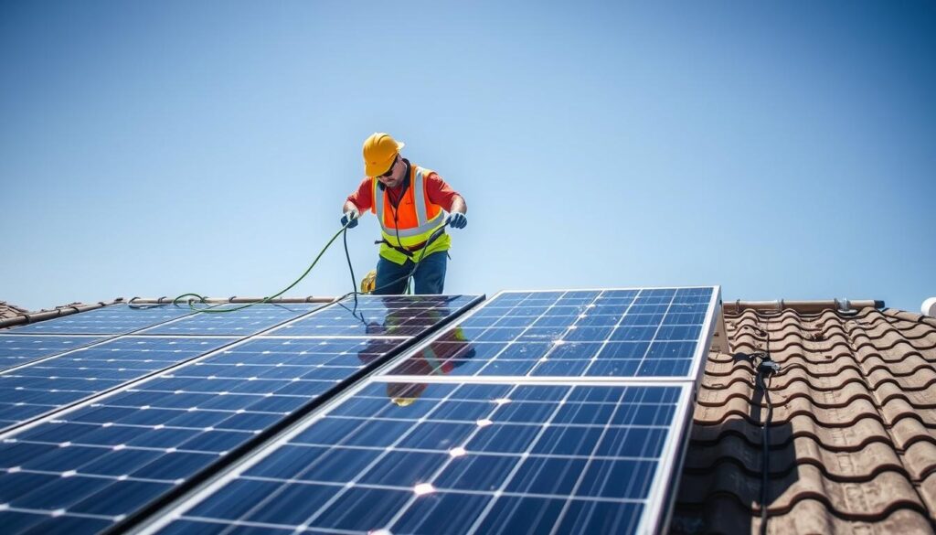 Generate an image of a Bright On Time Window Cleaning team member cleaning solar panels on a roof in Glendale, AZ.