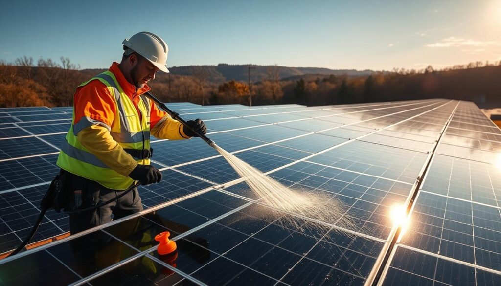 Generate an image of a CAPPCO Pressure Washing team member cleaning solar panels in Mount Vernon, NY.