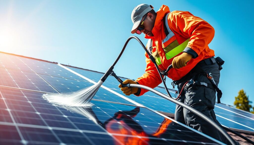 Generate an image of a CAPPCO Pressure Washing technician cleaning solar panels on a residential roof in Yonkers, NY.