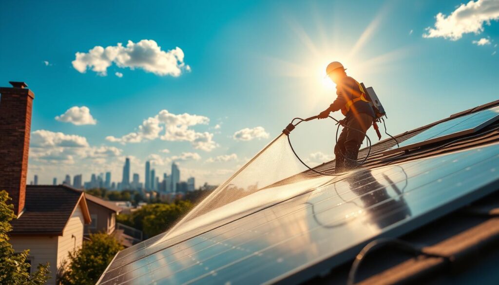 Generate an image of a CAPPCO Pressure Washing technician cleaning solar panels on a roof in Yonkers, NY.