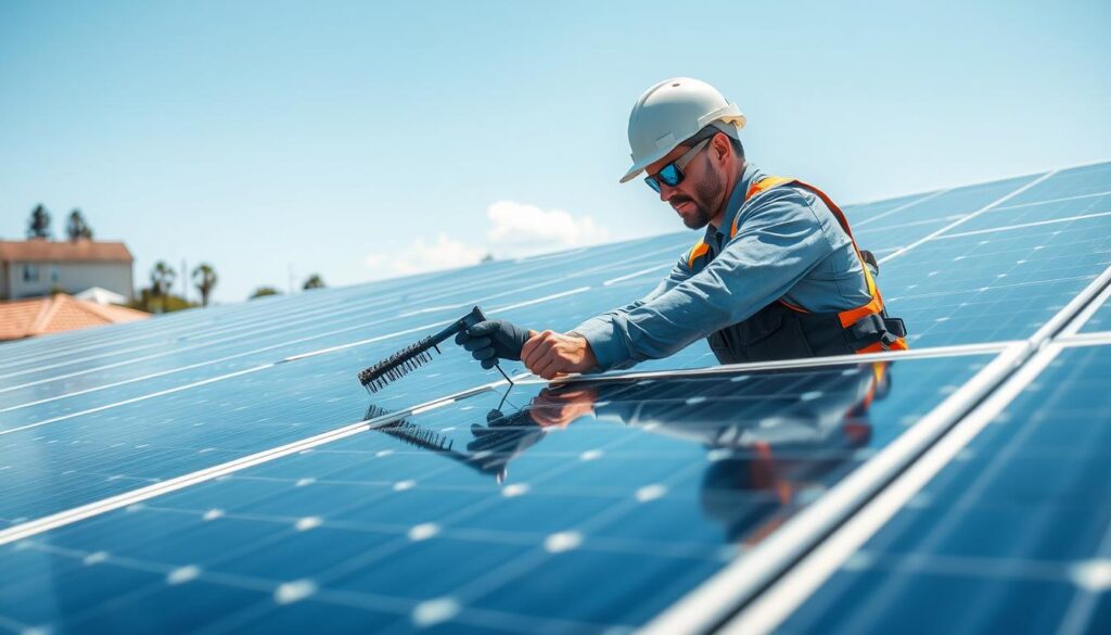 Generate an image of a Cape Fear Solar Systems technician cleaning solar panels in Wilmington, NC.