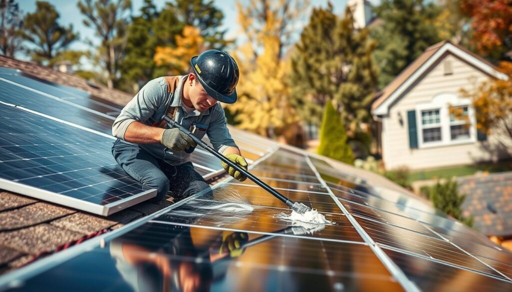 Generate an image of a Carolina Clean Energy technician cleaning solar panels on a residential roof in Concord, NC.