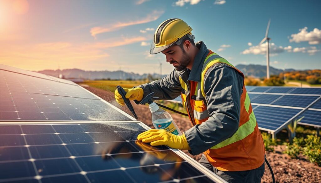 Generate an image of a Clean Energy Maintenance technician using eco-friendly cleaning products on solar panels.