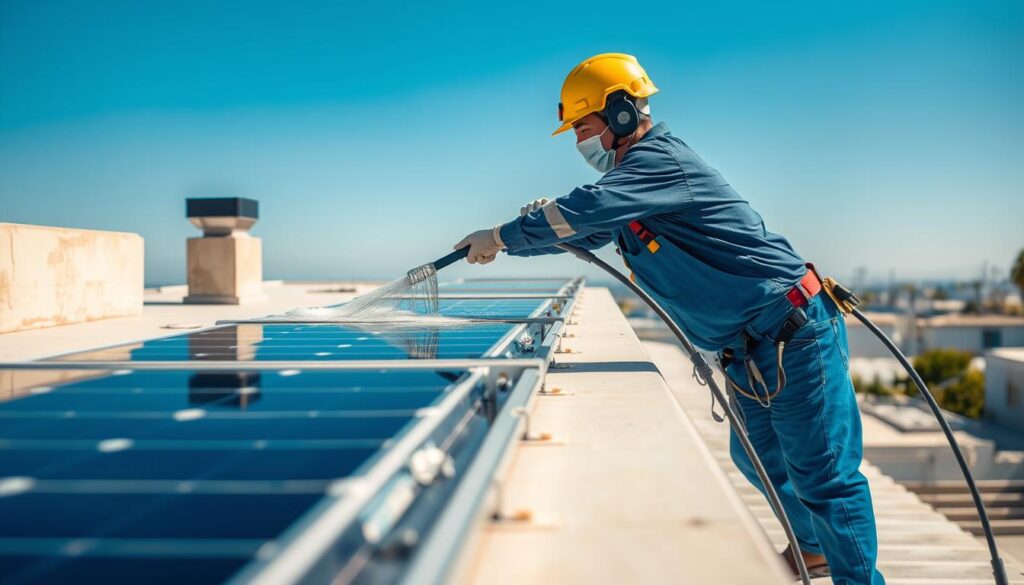 Generate an image of a Crocodile Window Cleaning & Pressure Washing technician cleaning solar panels in Long Beach, CA.