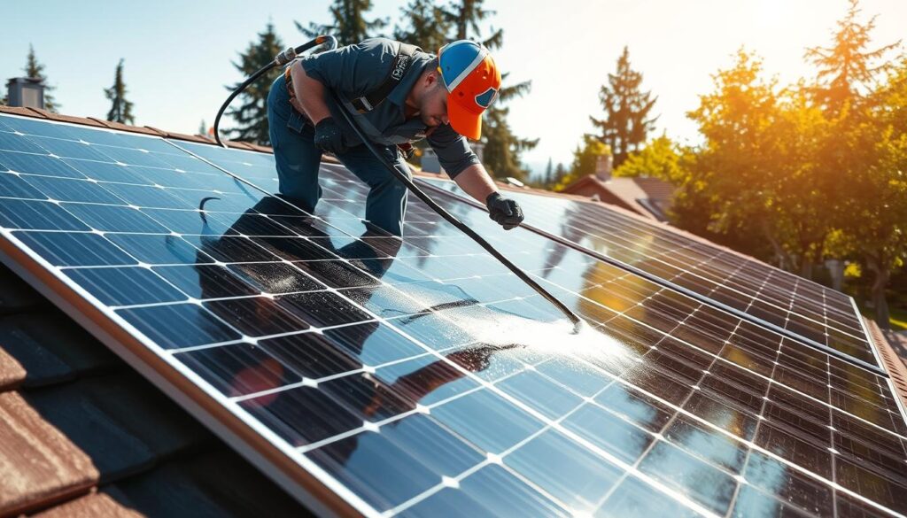 Generate an image of a DAPrDAN Solar Panel Cleaning technician performing a thorough cleaning of solar panels on a residential roof in Bellevue.