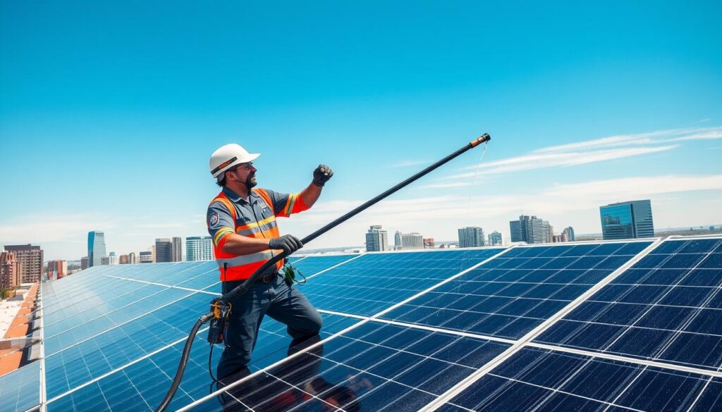 Generate an image of a FISH Window Cleaning technician using a purified water-fed pole system to clean solar panels in Cedar Rapids.