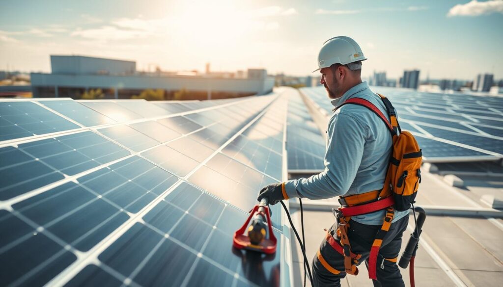Generate an image of a Fish Window Cleaning technician cleaning solar panels on a commercial building.
