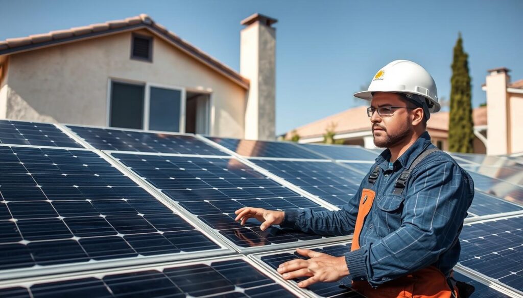 Generate an image of a Fresno homeowner inspecting their clean solar panels with a Valley Sun Solutions technician.