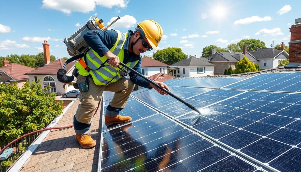 Generate an image of a Green Power Energy technician cleaning solar panels on a residential roof in East Orange, NJ.