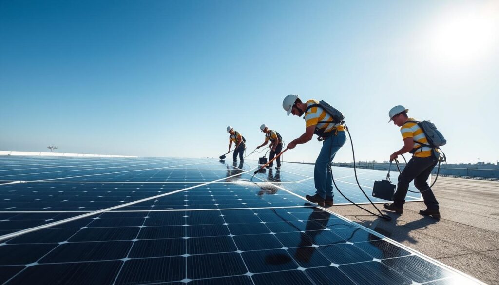 Generate an image of a HiCleaners team cleaning solar panels on a large commercial rooftop.