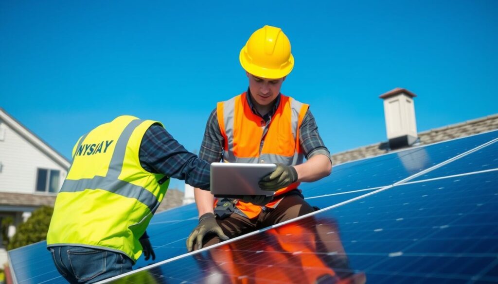 Generate an image of a NY Solar Maintenance Pro technician inspecting solar panels.