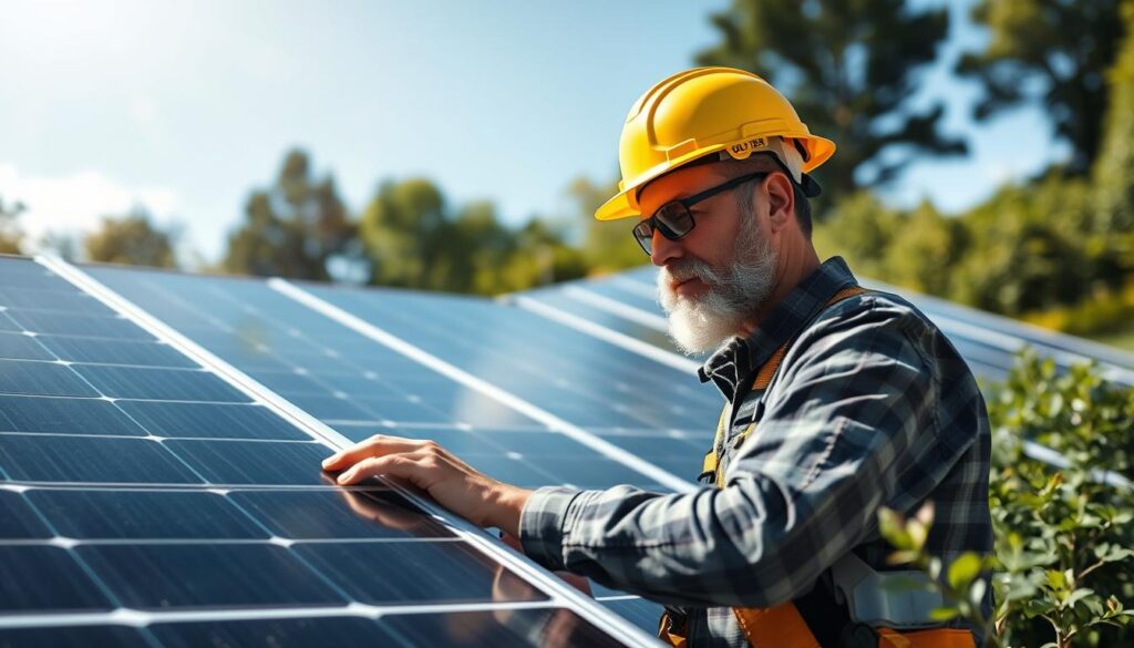 Generate an image of a Northeast Solar Maintenance technician inspecting solar panels.