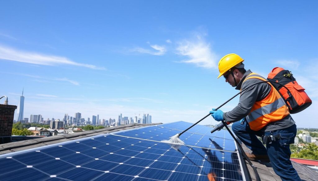 Generate an image of a PEAK Solar Pro technician cleaning solar panels on a residential rooftop in Boston.