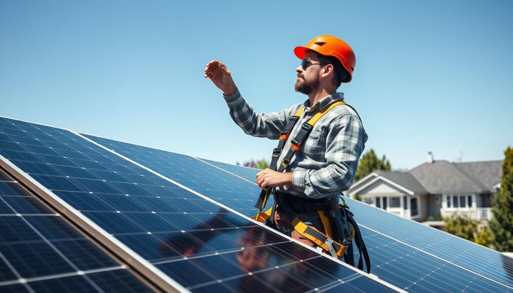Generate an image of a ProCare Solar Panel Cleaning technician inspecting solar panels on a residential roof in Bellevue, WA.