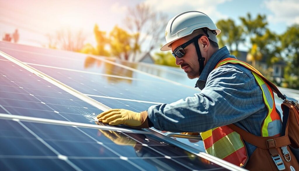 Generate an image of a Public Service Solar technician cleaning solar panels in East Orange, NJ.