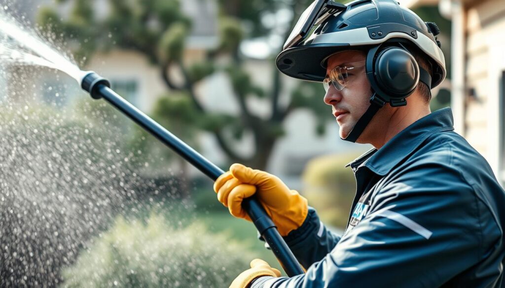 Generate an image of a Residue-Free Cleaning Service technician using a water-fed pole system.