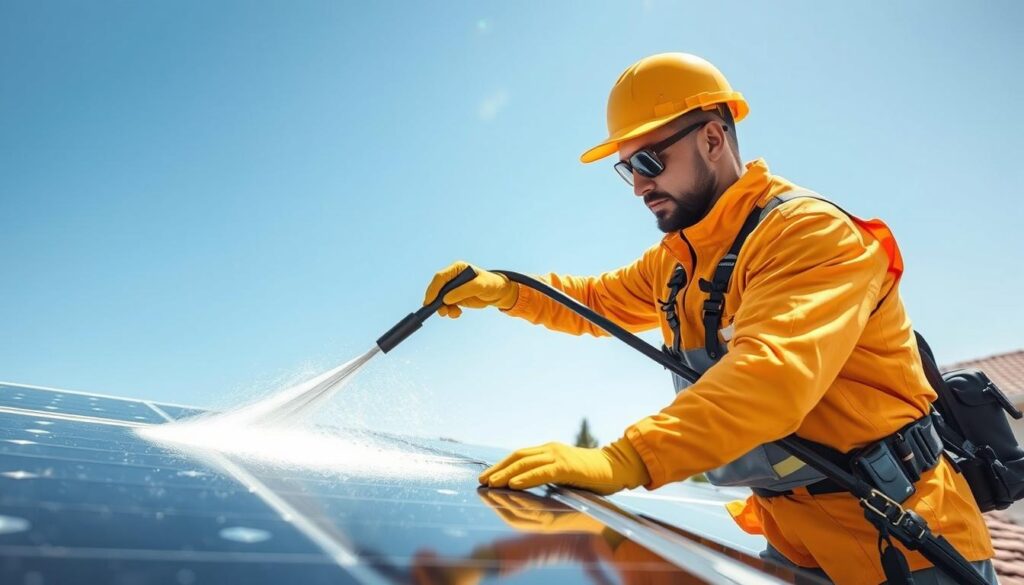 Generate an image of a Sac Valley Clean technician cleaning solar panels in Sacramento, CA.