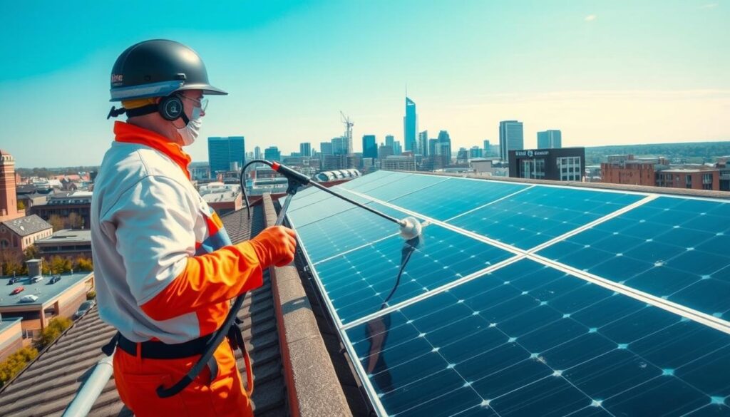 Generate an image of a Shine Window Cleaning technician cleaning solar panels on a residential roof in Nashville, TN.