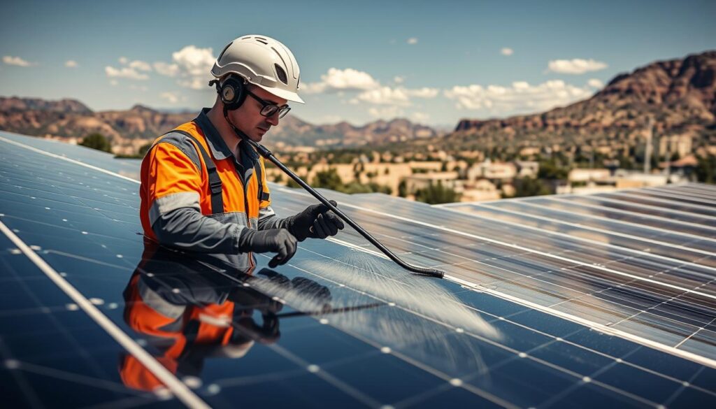 Generate an image of a ShinySolar Pros technician cleaning solar panels in Orem, UT