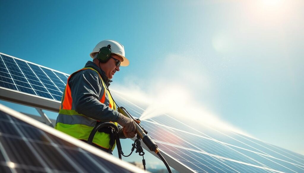 Generate an image of a Smart Solar Cleaning technician using specialized equipment on a commercial solar panel installation.