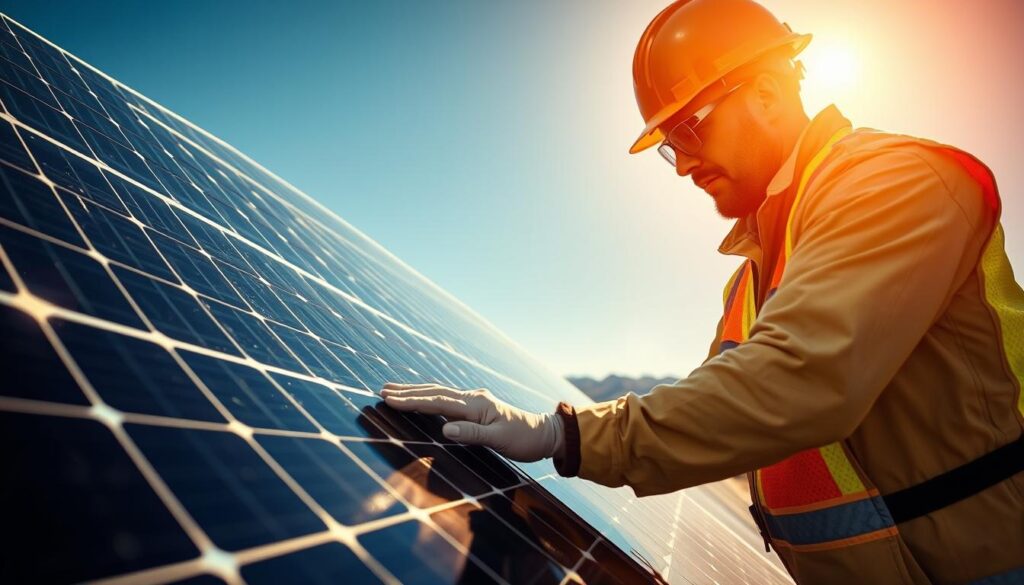 Generate an image of a Sol-Up Nevada technician inspecting solar panels before cleaning.