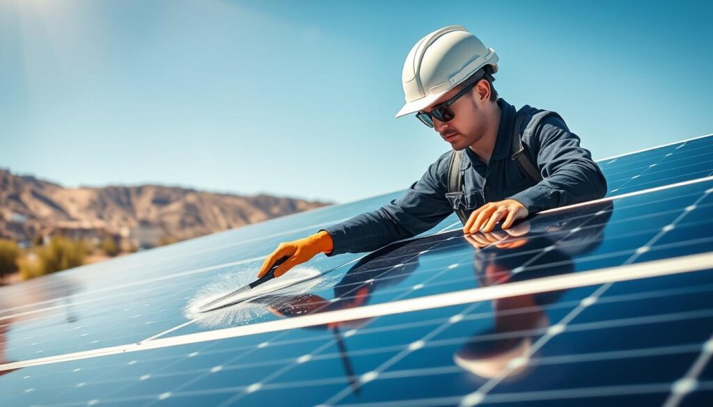 Generate an image of a Sol-Up Solar Panel Cleaning technician cleaning solar panels in Mesquite, NV.