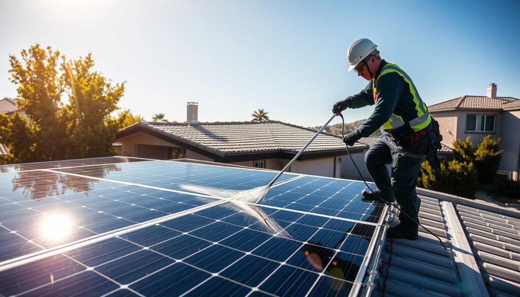 Generate an image of a SolarClean Pro technician cleaning solar panels on a residential roof in Fresno, CA.