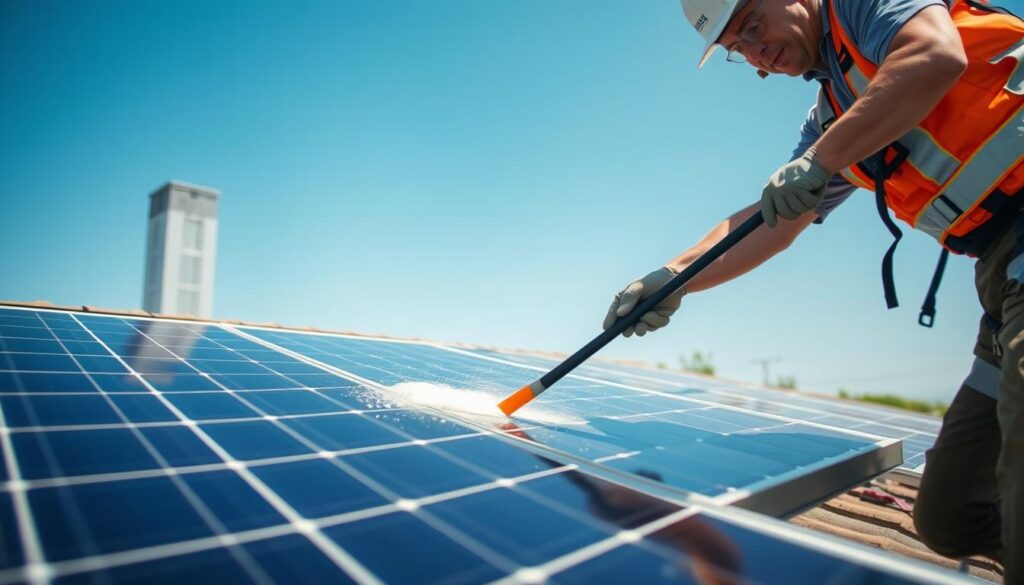 Generate an image of a Strive Solar technician cleaning solar panels in Jonesboro, AR.