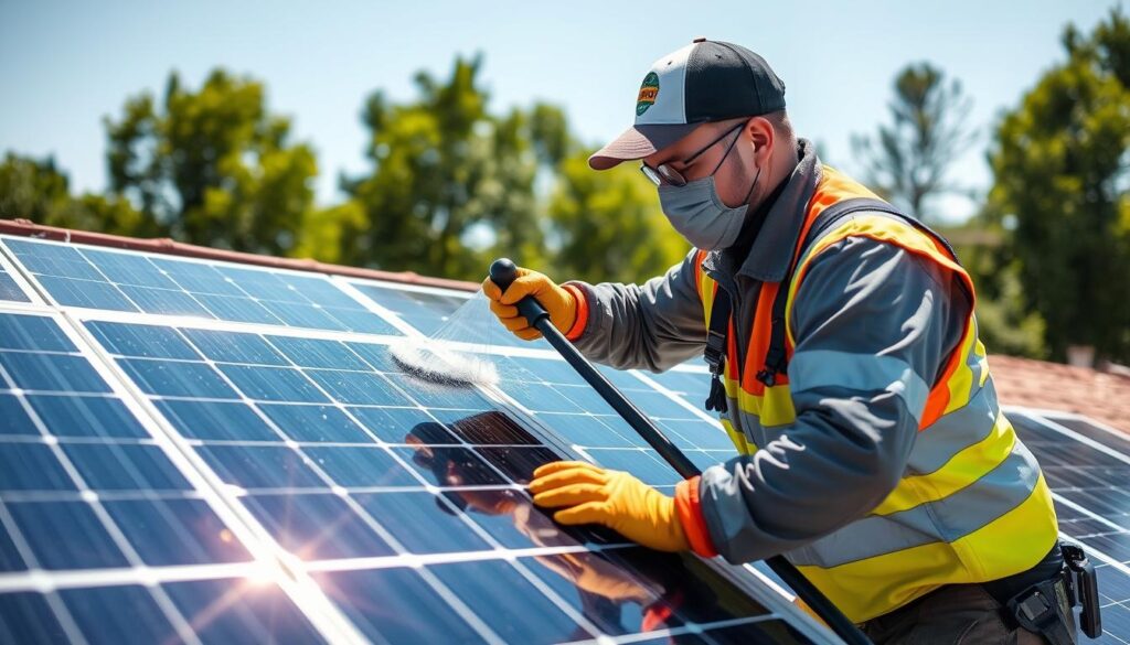 Generate an image of a Suffolk Shine Window Cleaners technician cleaning solar panels.