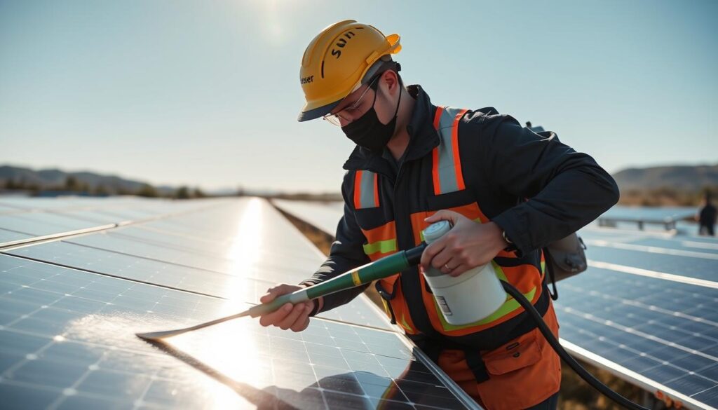 Generate an image of a SunPower Cleaning Specialists technician using specialized equipment to clean solar panels.