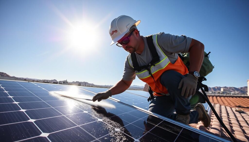 Generate an image of a SunPro Cleaners technician cleaning solar panels in Las Vegas