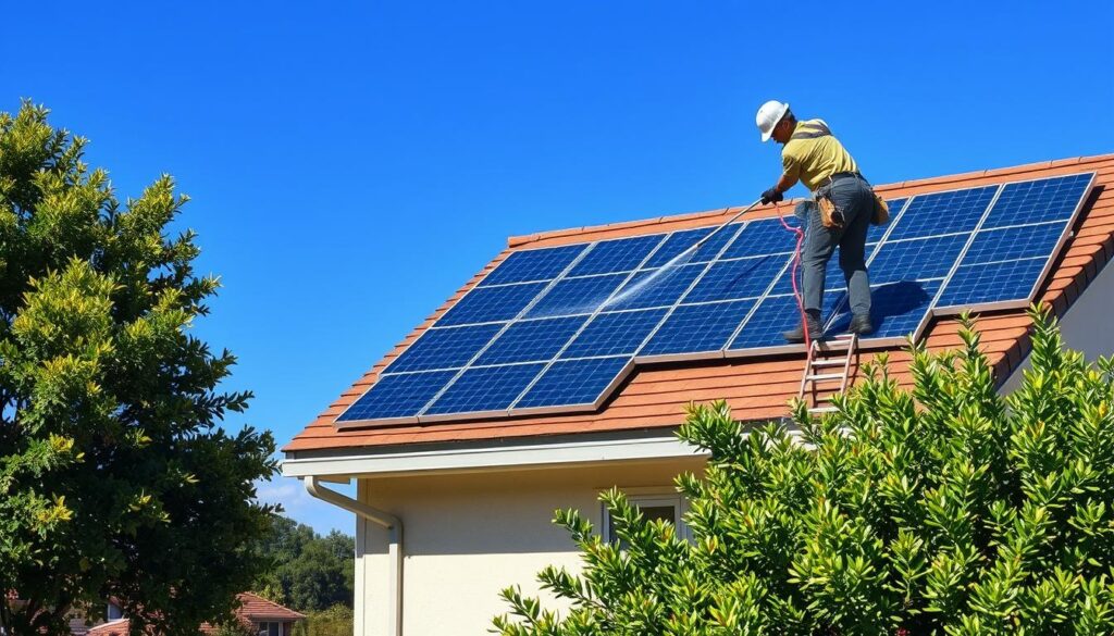 Generate an image of a SunPro Cleaners technician cleaning solar panels on a residential roof in Austin, TX.