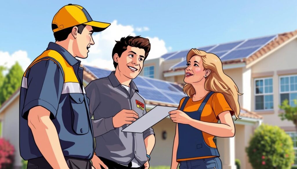 Generate an image of a SunPro Services technician scheduling a solar panel cleaning appointment with a homeowner.